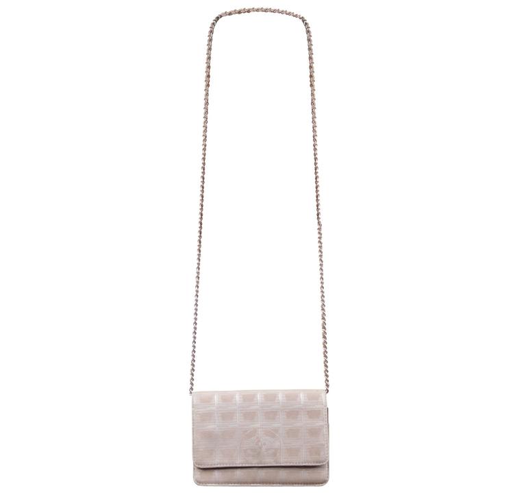 CHANEL Beige TRAVEL LINE Canvas CROSSBODY BAG Wallet On Chain WOC Flap