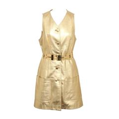 Vintage Chanel Gold Leather Vest Dress with CC Buttons 1980's 9
