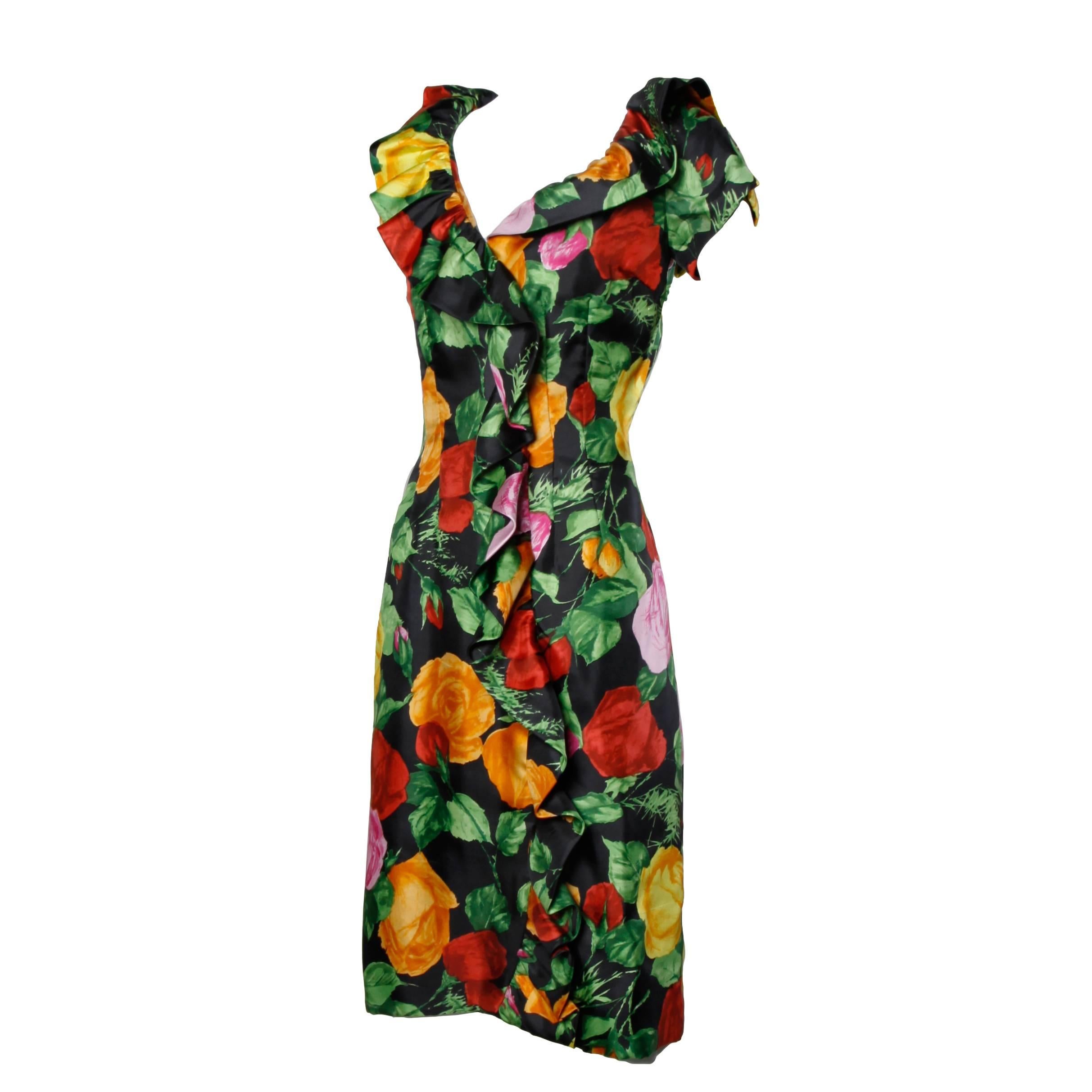 1960s Vintage Floral Print Formal Silk Cocktail Sheath Dress