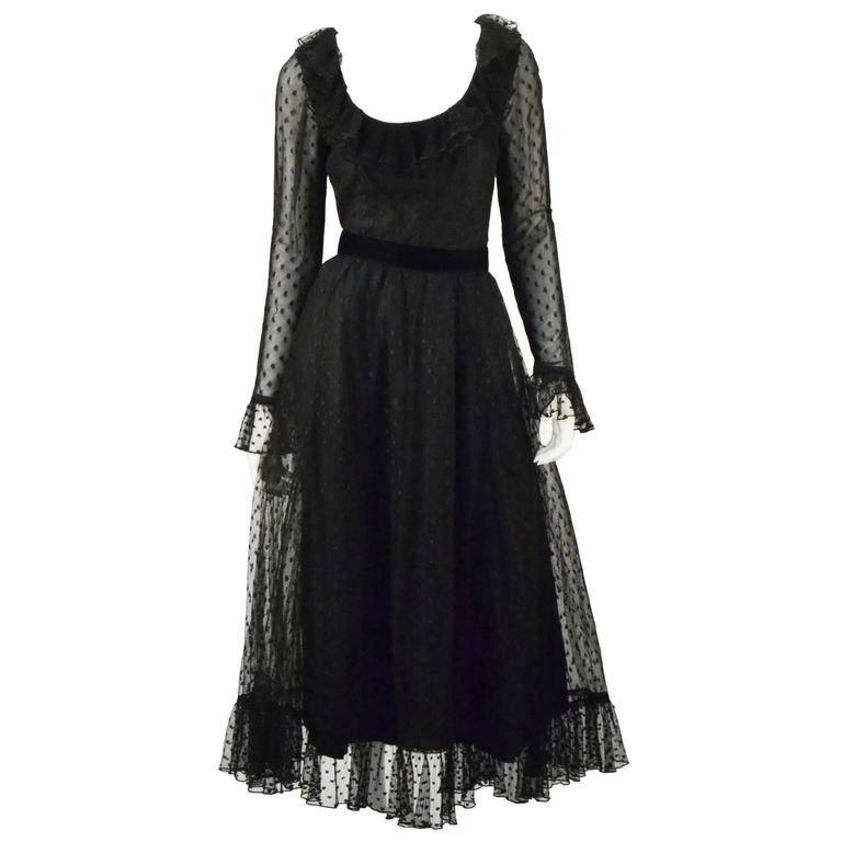 1970s Victor Costa LTD Black Lace Polka Dot Evening Dress at 1stDibs