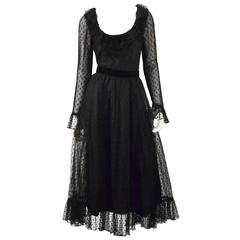 1970s Victor Costa LTD Black Lace Polka Dot Evening Dress 