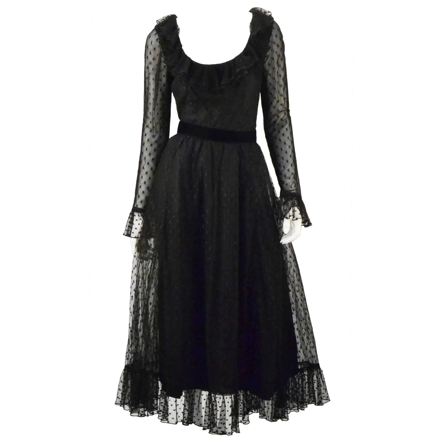 1970s Victor Costa LTD Black Lace Polka Dot Evening Dress For Sale at ...