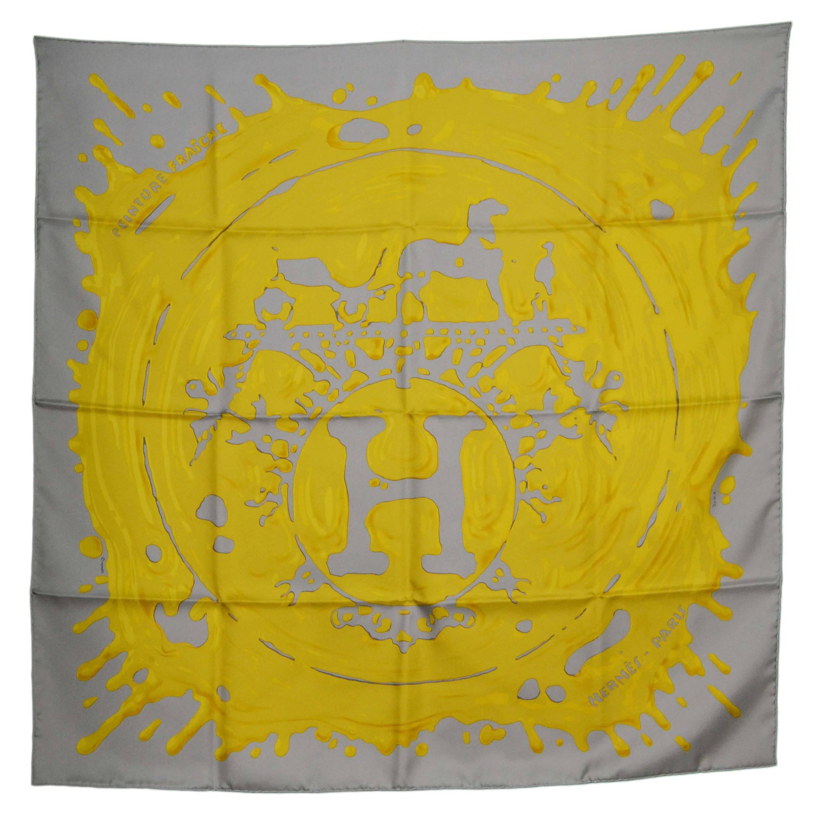 Hermes Yellow & Grey Paint Splatter 90cm Silk Scarf