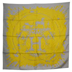 Hermes Gelb & Grau Farbspritzer 90cm Seidenschal