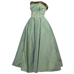 Doops Retro 1950s 2 Pc Party Dress Bolero Mink Trimmed Sage Green Satin