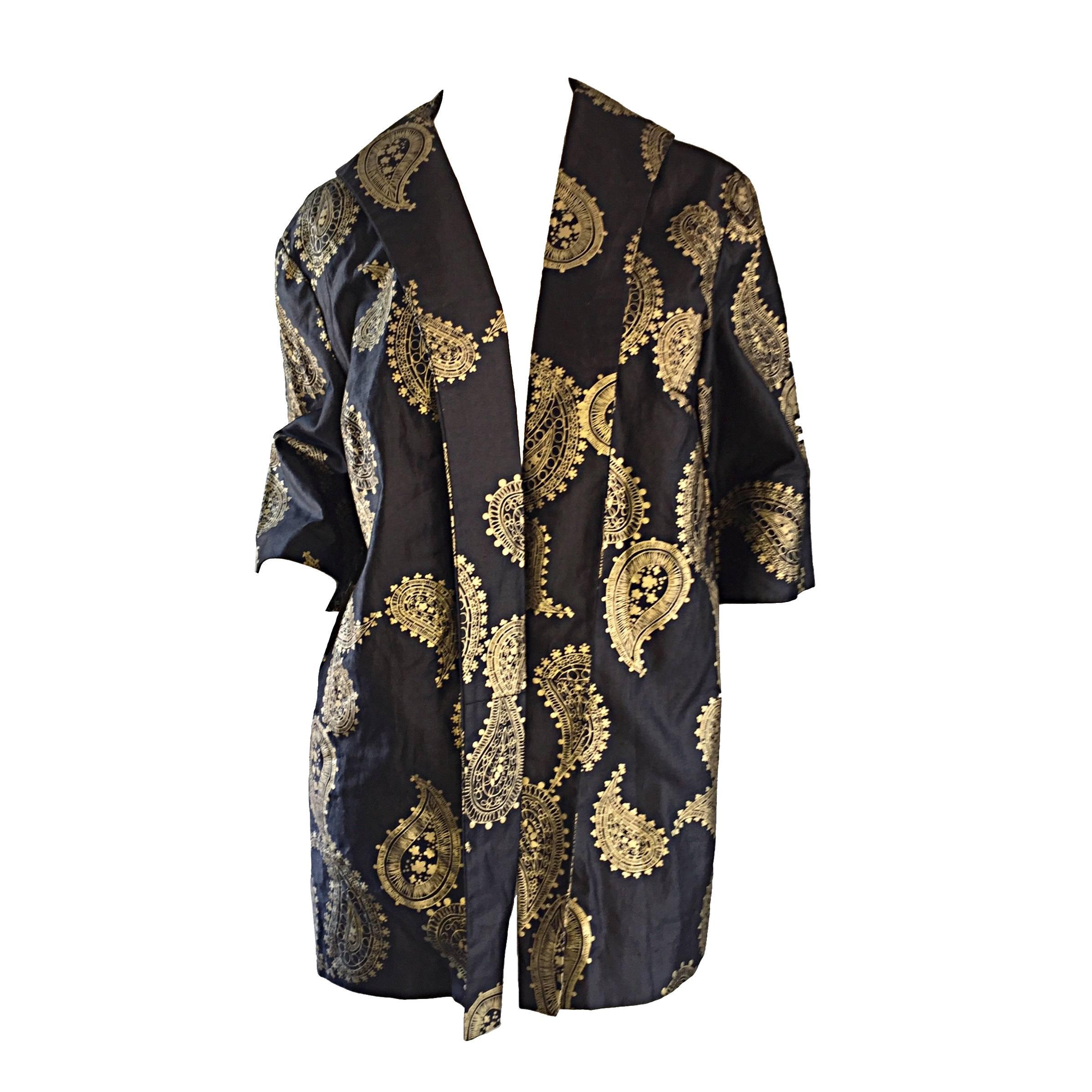 Rare 1950s Alfred Shaheen Vintage 50s Black And Gold Hand Printed Kimono Jacket
