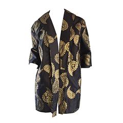 Rare 1950s Alfred Shaheen Vintage 50s Black And Gold Hand Printed Kimono Jacket