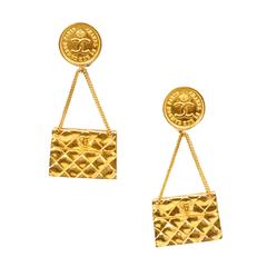 Vintage Chanel Gold Quilted Handbag Earrings 