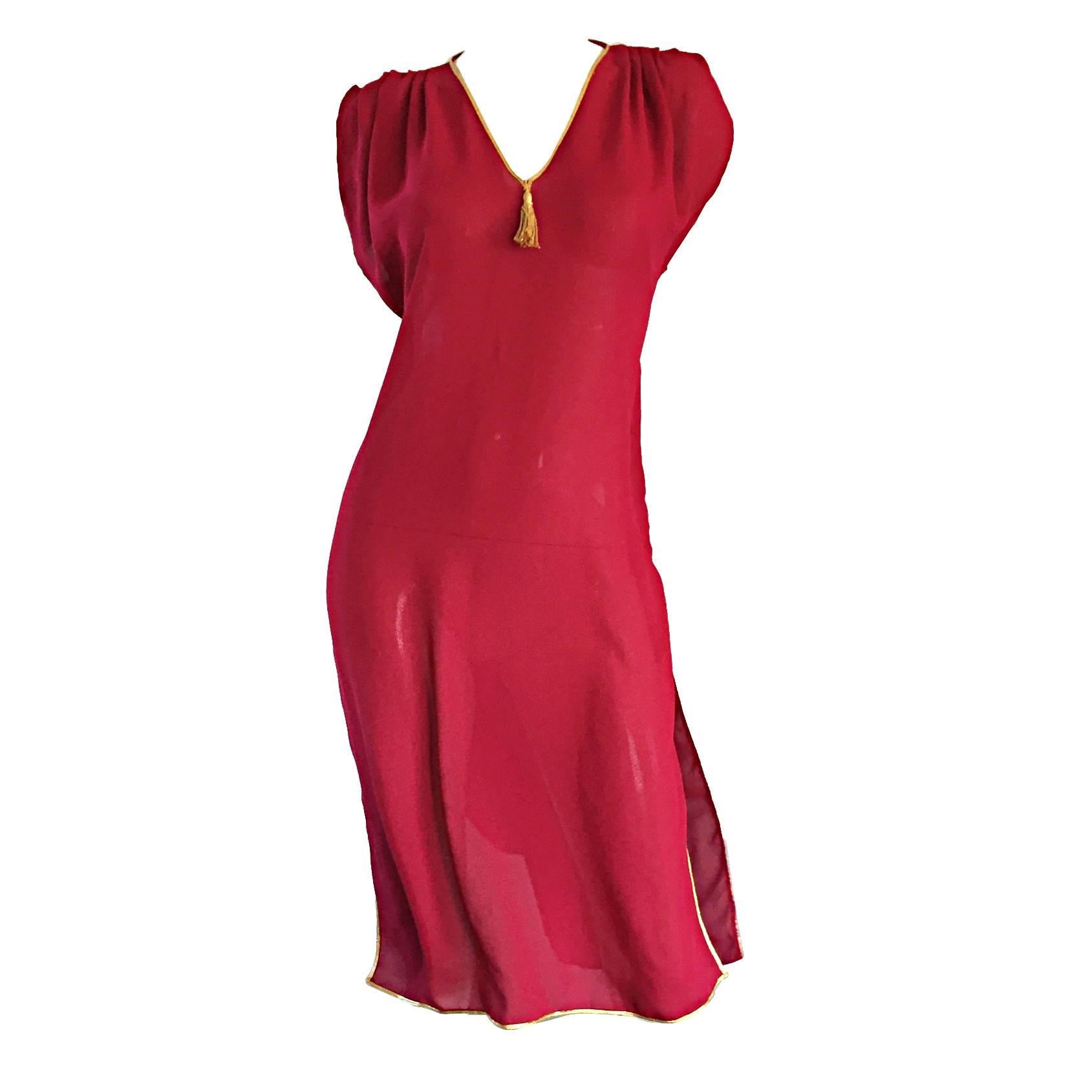 Vintage Pat Richards Raspberry Pink + Gold Grecian Semi Sheer Flowy Tunic Dress 