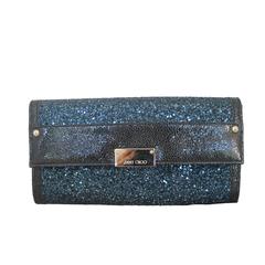 Jimmy Choo Blue Sparkle & Black Cracked Leather Clutch - GHW