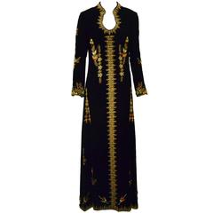 VIntage Black Velvet Hand Beaded Embroidered Caftan/Maxi Gown