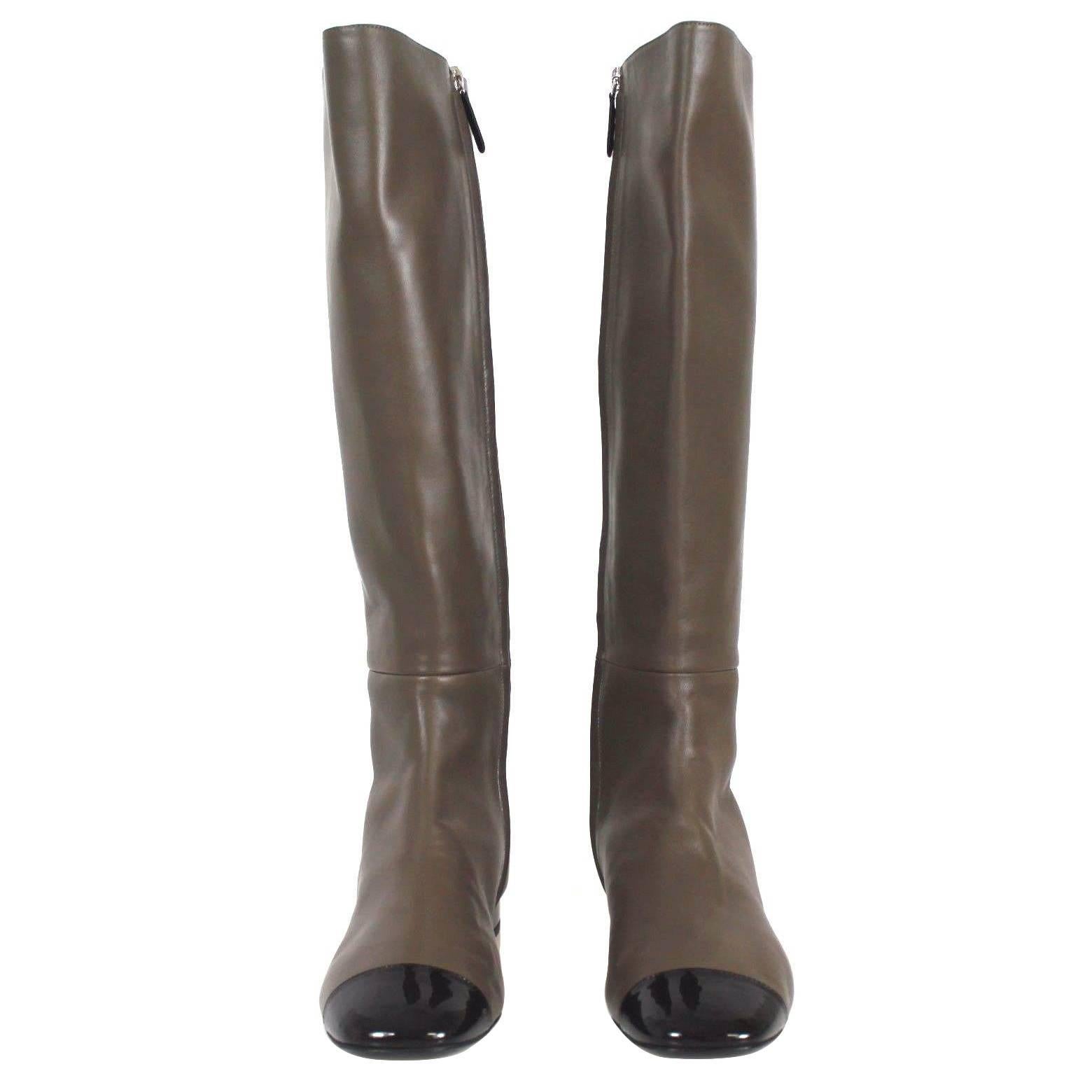 Chanel Taupe Leather Black Patent Leather Cap Toe Equastrian Knee High  Boots For Sale