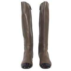 Used Chanel Taupe Leather Black Patent Leather Cap Toe Equastrian Knee High  Boots