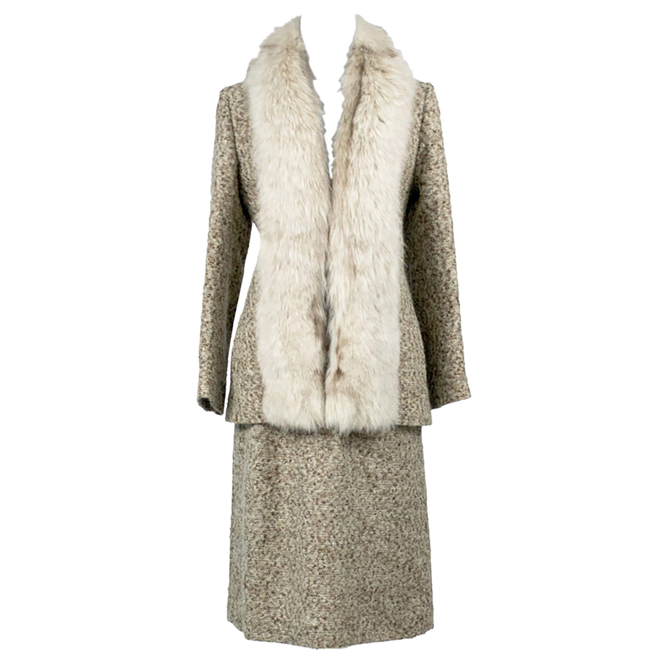 1970s Lilli Ann Vintage Tweed Skirt Suit W Fox Fur Trimmed Long Jacket