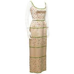 1970's Pale Pink Demi Couture Beaded Satin Gown