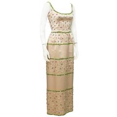 1970's Pale Pink Demi Couture Beaded Satin Gown 