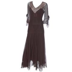 Silk Chiffon Vintage Dress Late 1920s Early 1930's Evening Gown Fine Lace 