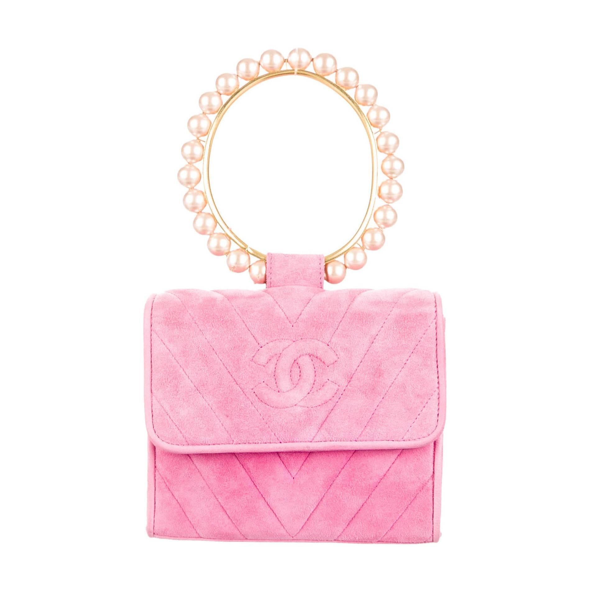 Chanel Pink Suede Handbag With Pearl Handle at 1stDibs