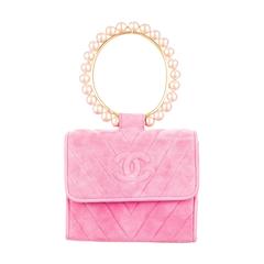 Chanel Pink Suede Handbag With Pearl Handle