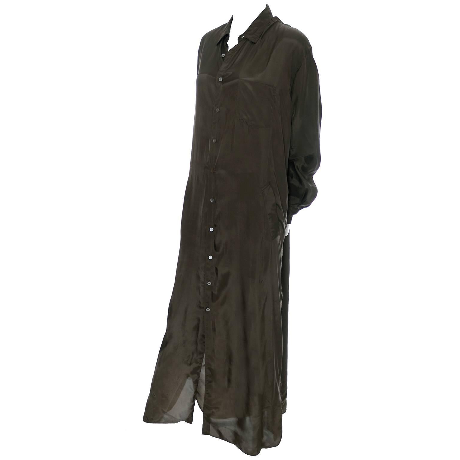 Comme des Garcons 1980s Vintage Fall Green Rayon dress or Long Coat Shirtdress 