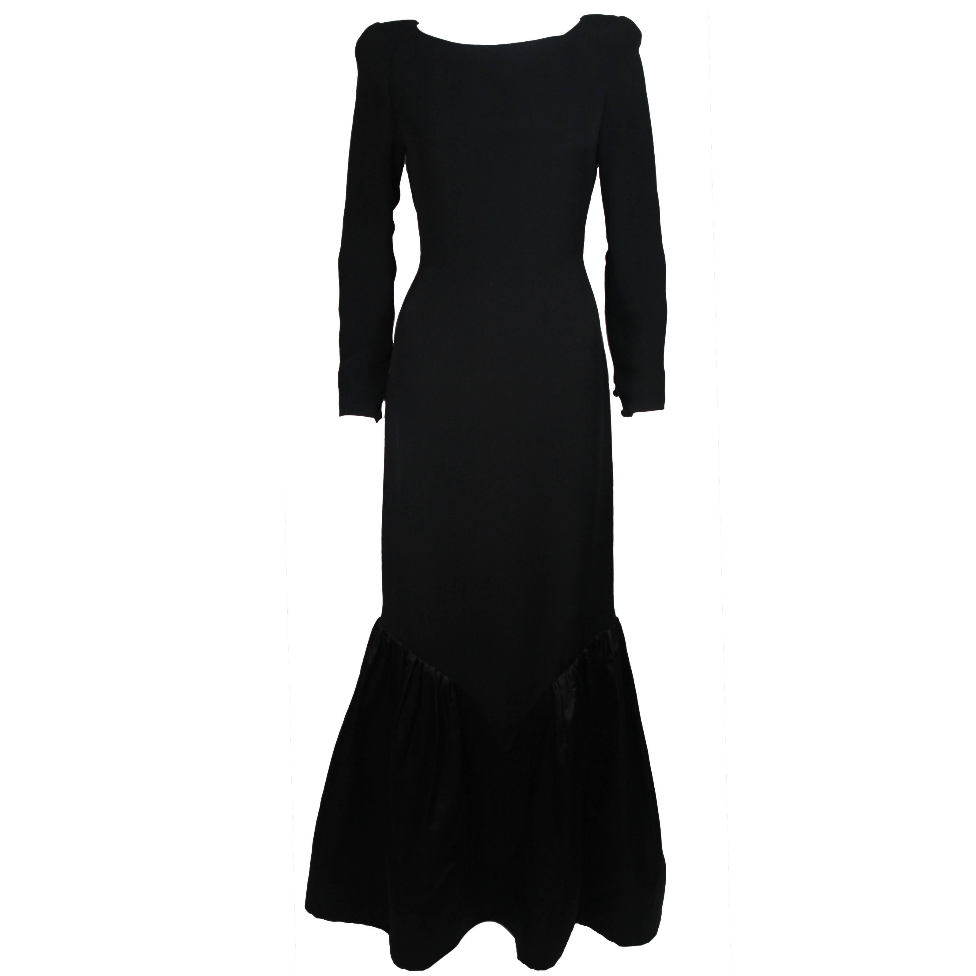 Bill Blass Schwarzes langärmeliges Seidenkleid mit gerafftem Satin-Saum Größe 8-10