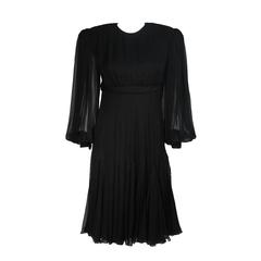 Galanos Black Silk Chiffon Pleated Cocktail Dress with Billowy Sleeve Size 6 8