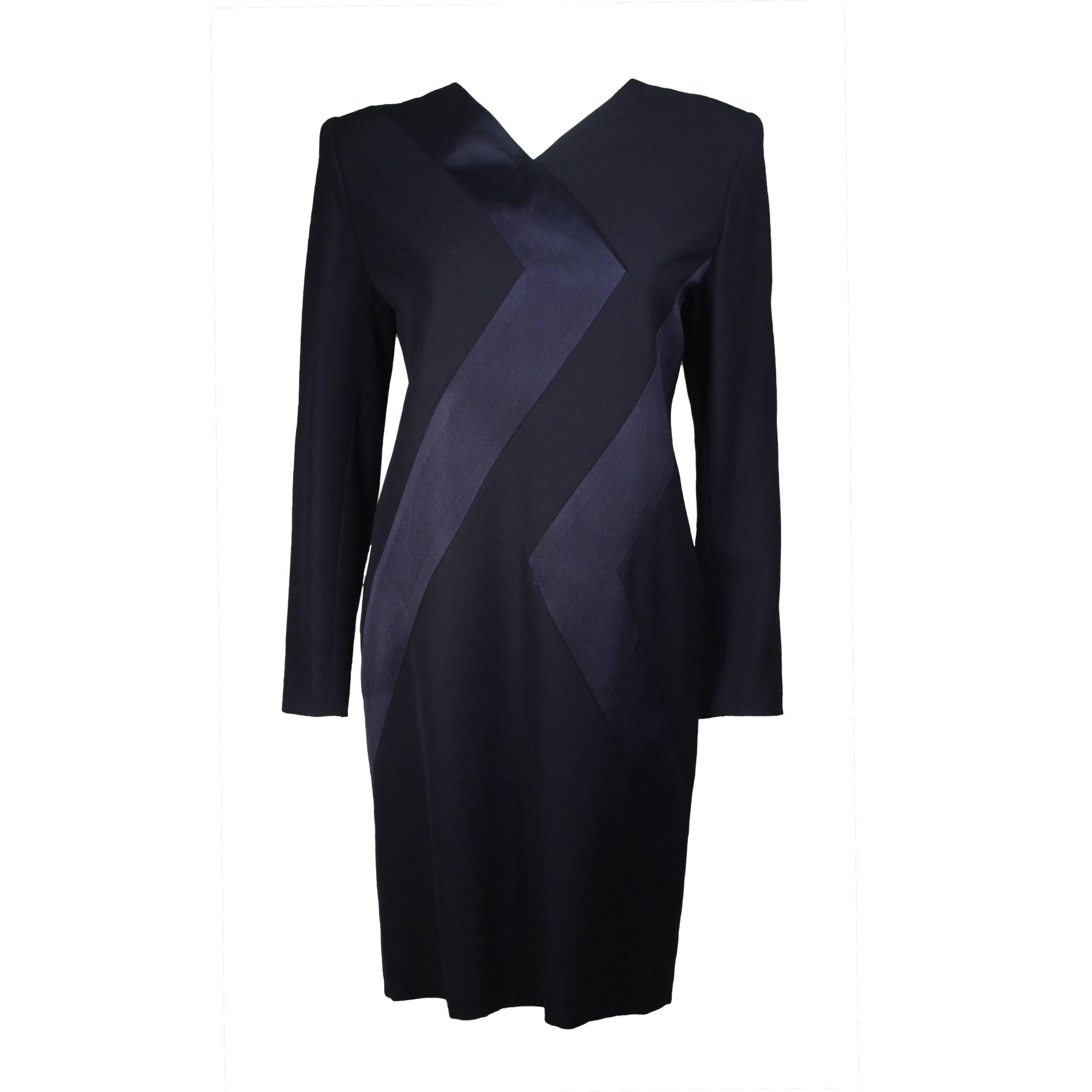Galanos Navy Silk Cocktail Dress with Geometric Design Size Small Medium For Sale