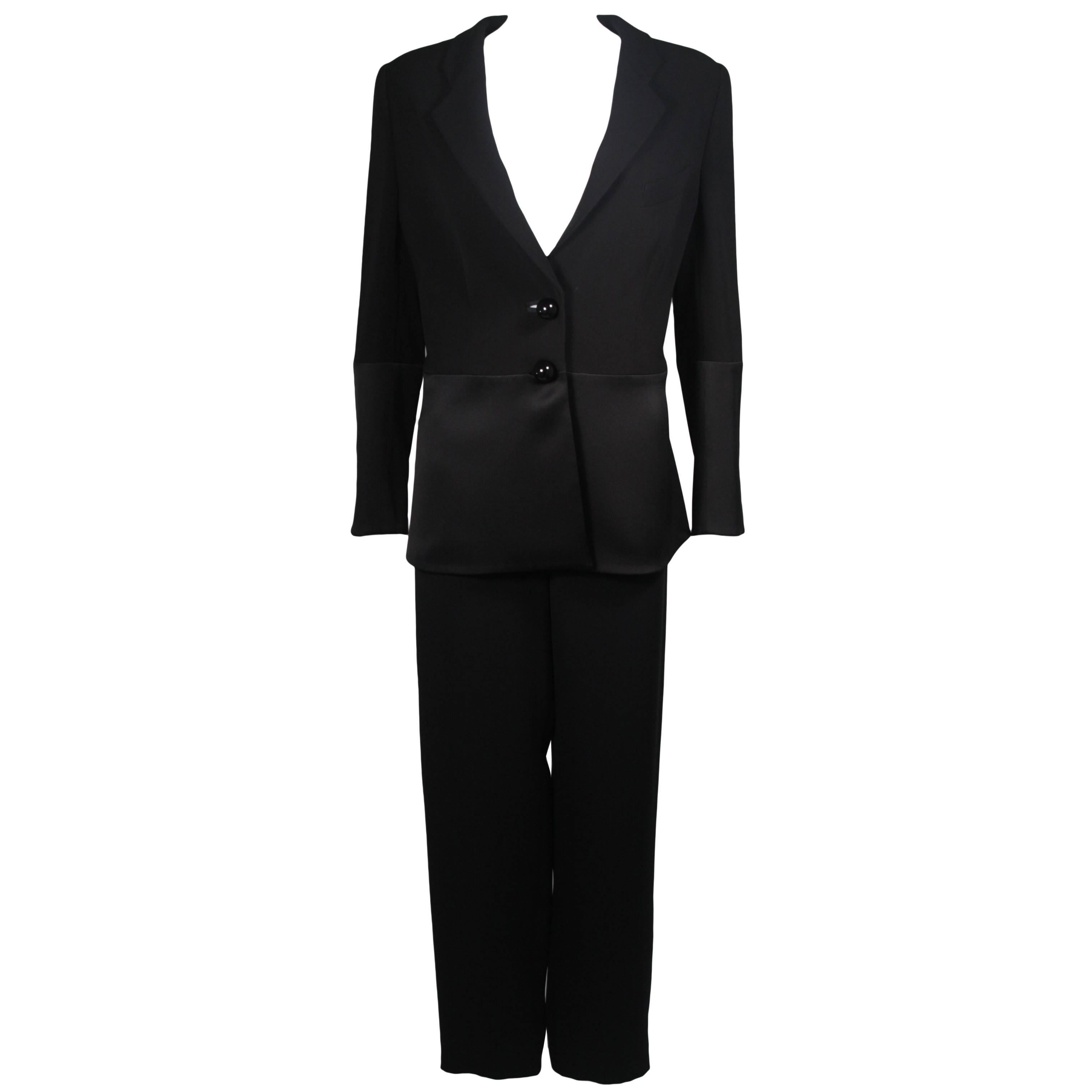 Giorgio Armani Tuxedo Style Black Silk Pant Suit with Satin Accent Size Large