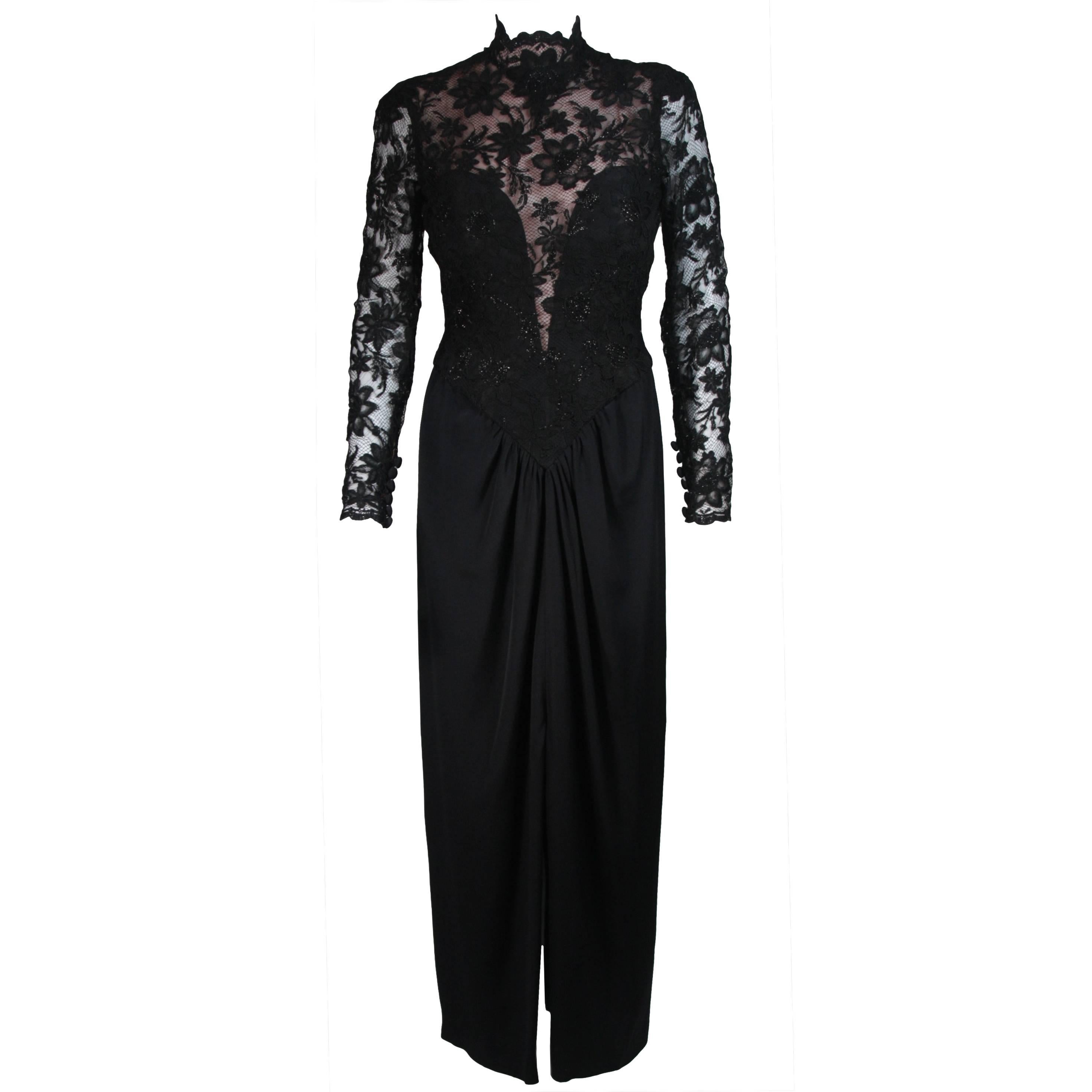 BOB MACKIE Black Lace Gown with Draped Jersey Size Small
