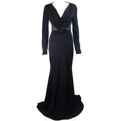 BADGLEY MISCHKA Navy Draped Stretch Jersey Gown with Side Embellishment Size 6