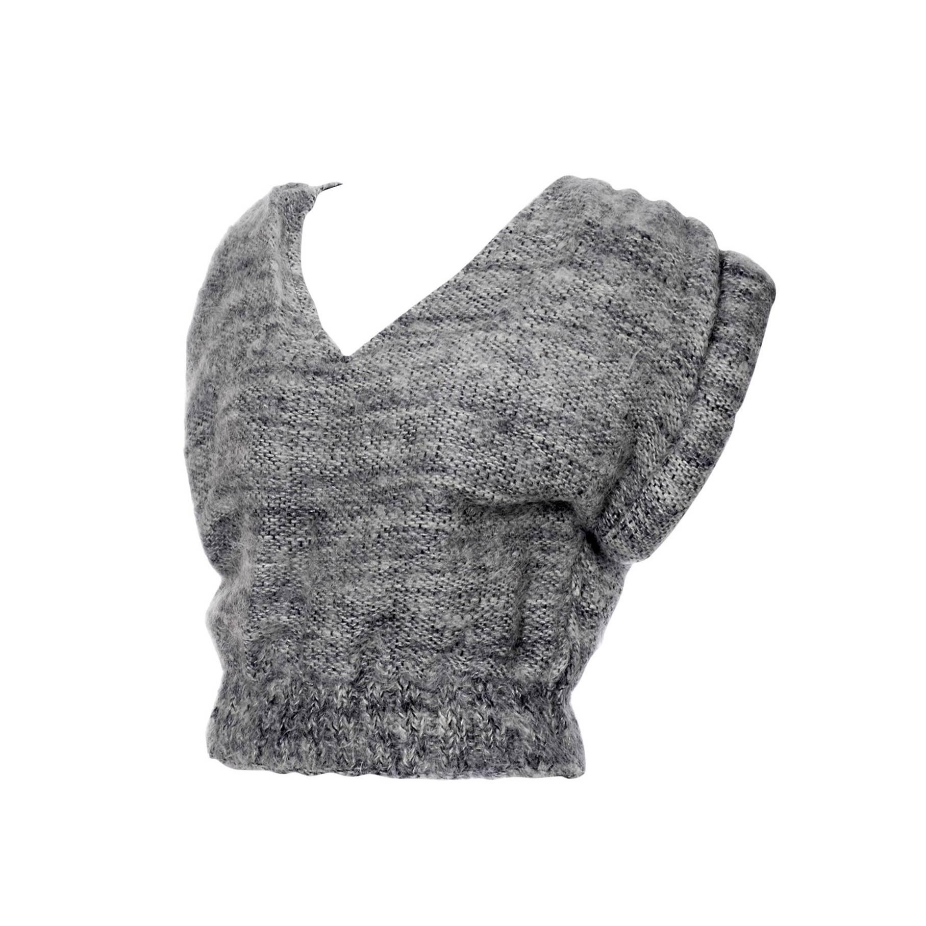 Nikos Handwoven Gray Wool Vintage Cropped Sweater With Rolled Arms & V Neck Vest For Sale