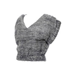 Nikos Handwoven Gray Wool Vintage Cropped Sweater With Rolled Arms & V Neck Vest
