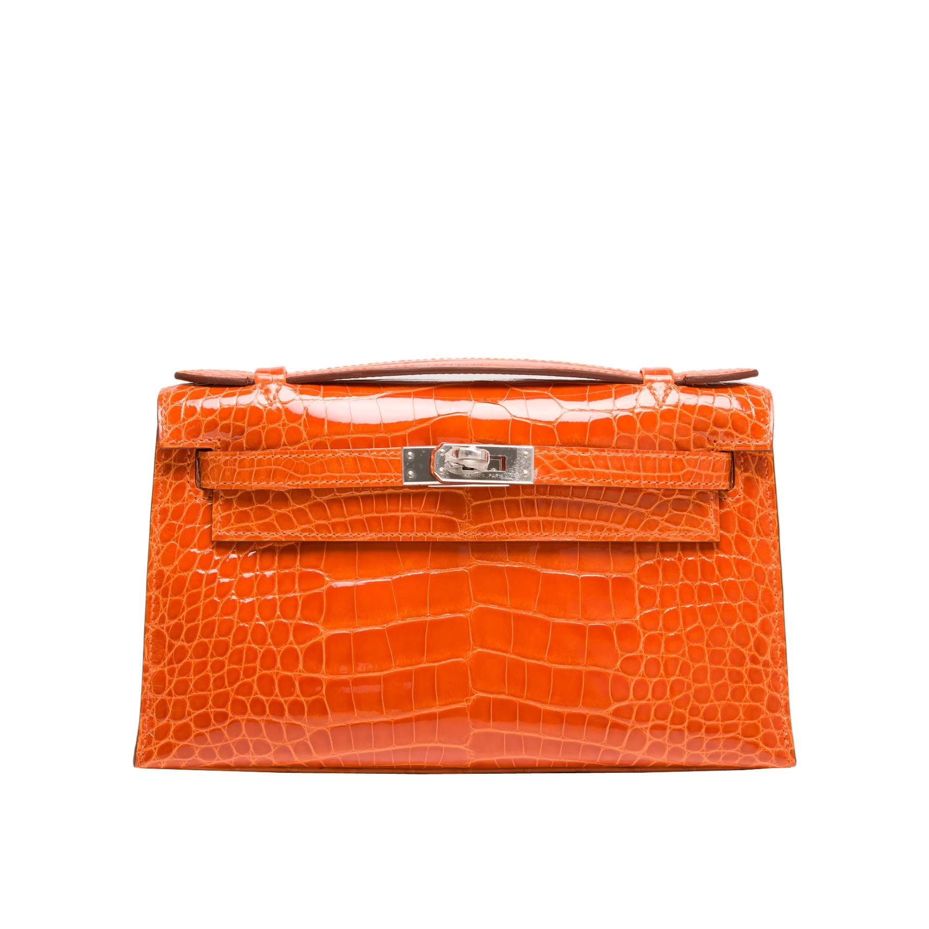 Hermes Orange H Shiny Alligator Mini Kelly Pochette NEW