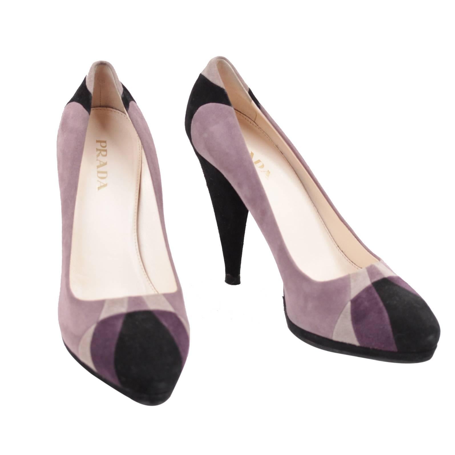 PRADA Italian Purple Gray Black TRICOLOR Suede HEELS Shoes PUMPS SZ 39 IT
