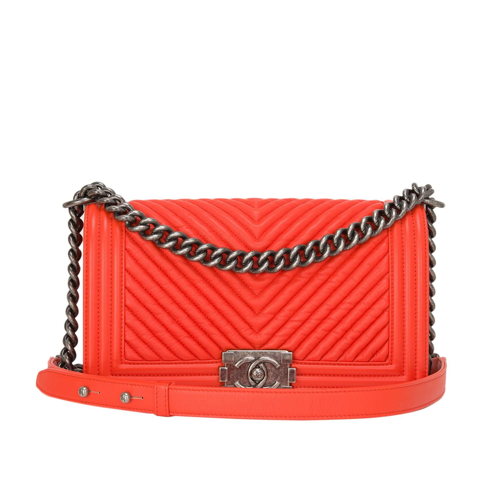 Chanel Orange Chevron Medium Boy Bag For Sale