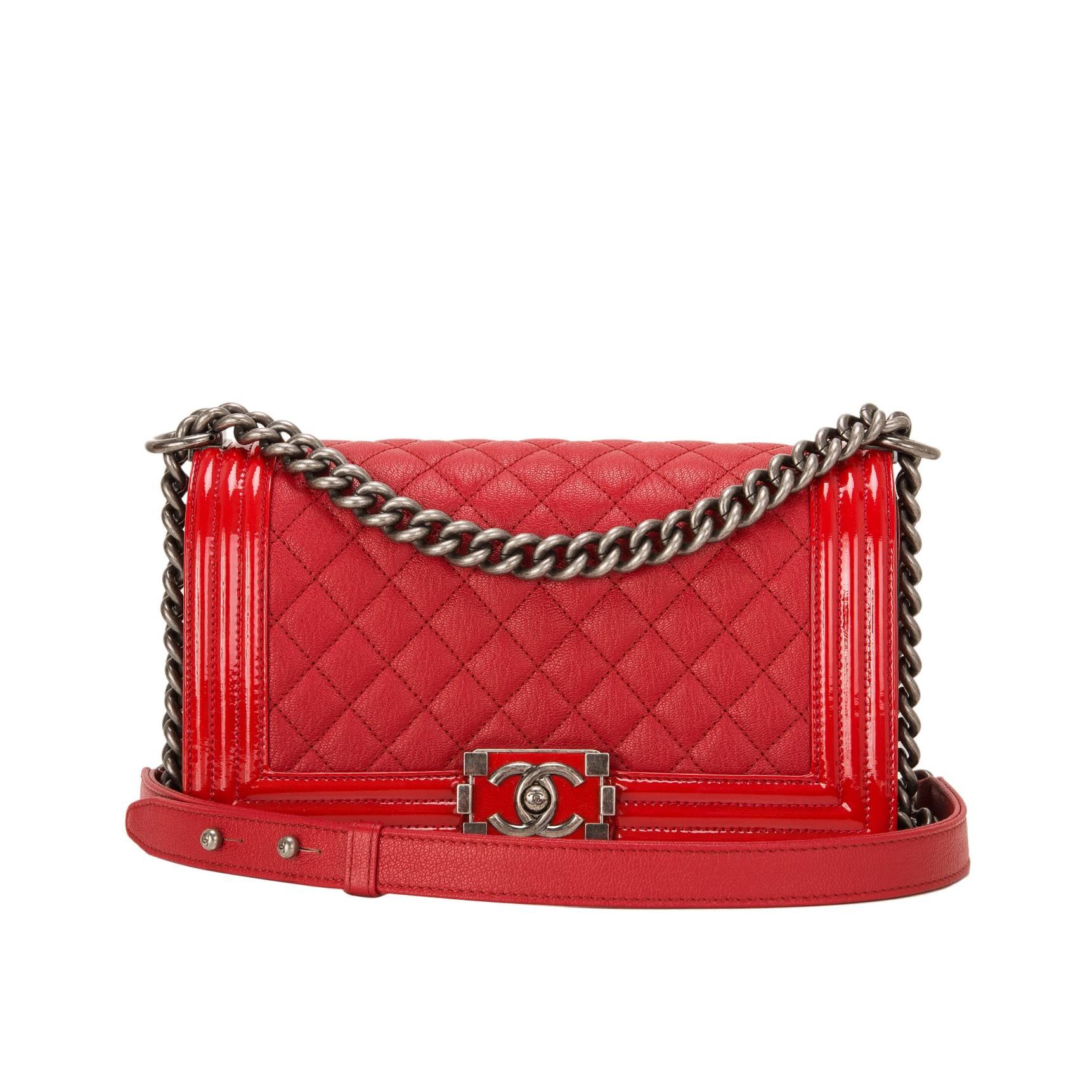Chanel Red Quilted Goatskin Medium Boy Bag With Patent Trim