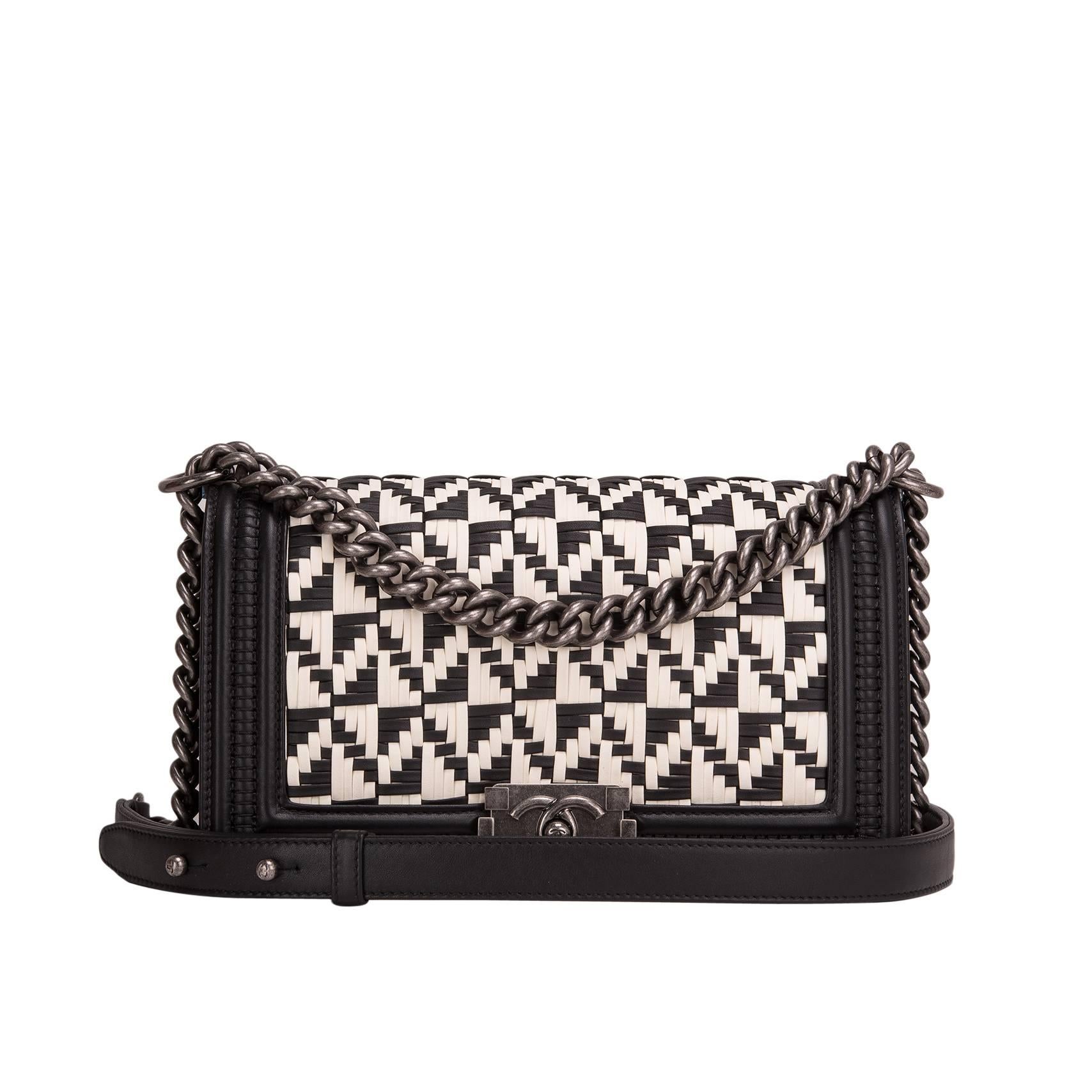 Chanel Black and White Calfskin Braided Medium Boy Bag