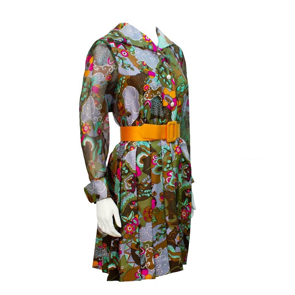 1970's Dynasty Silk Printed Day Dress  with Belt  