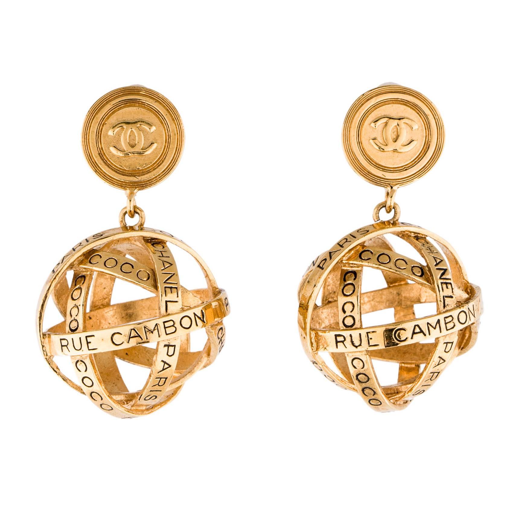 Chanel Gold 31 Rue Cambon Large Dangle Drop Evening Globe Sphere Earrings