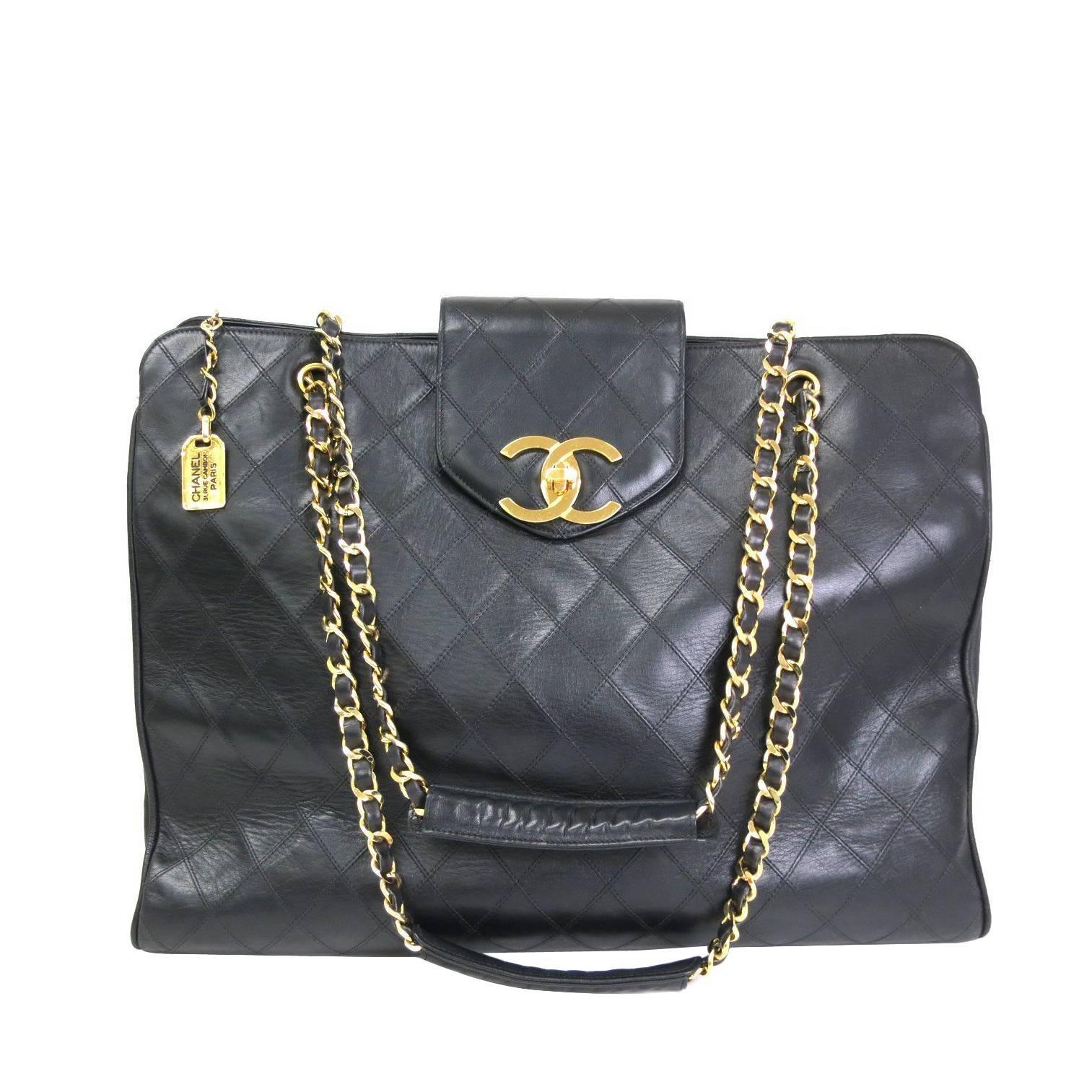 Chanel Vintage Black Quilted Calfskin Supermodel Weekender Shoulder Bag