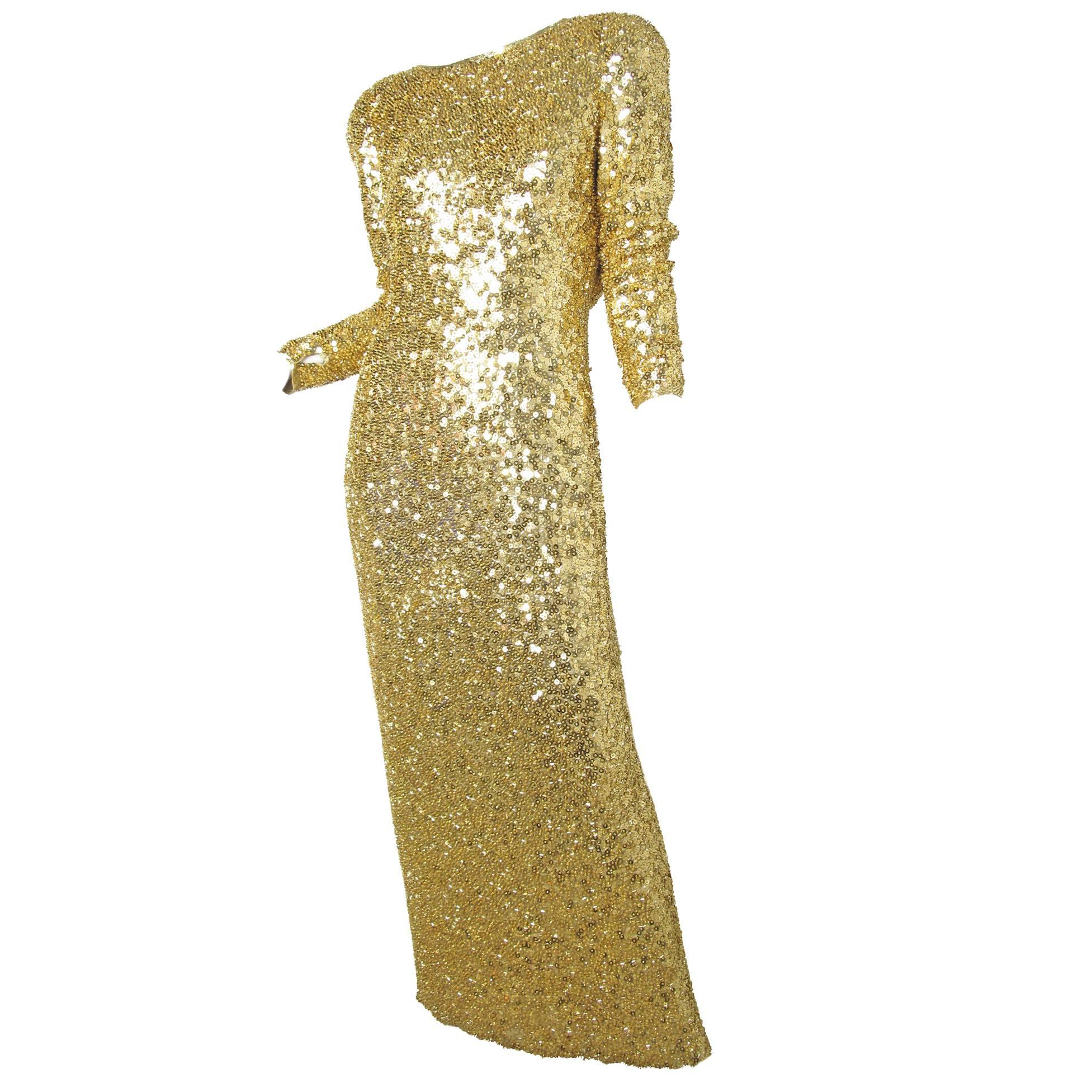 1980s Lillie Rubin Gold Sequin and Beaded Evening Gown