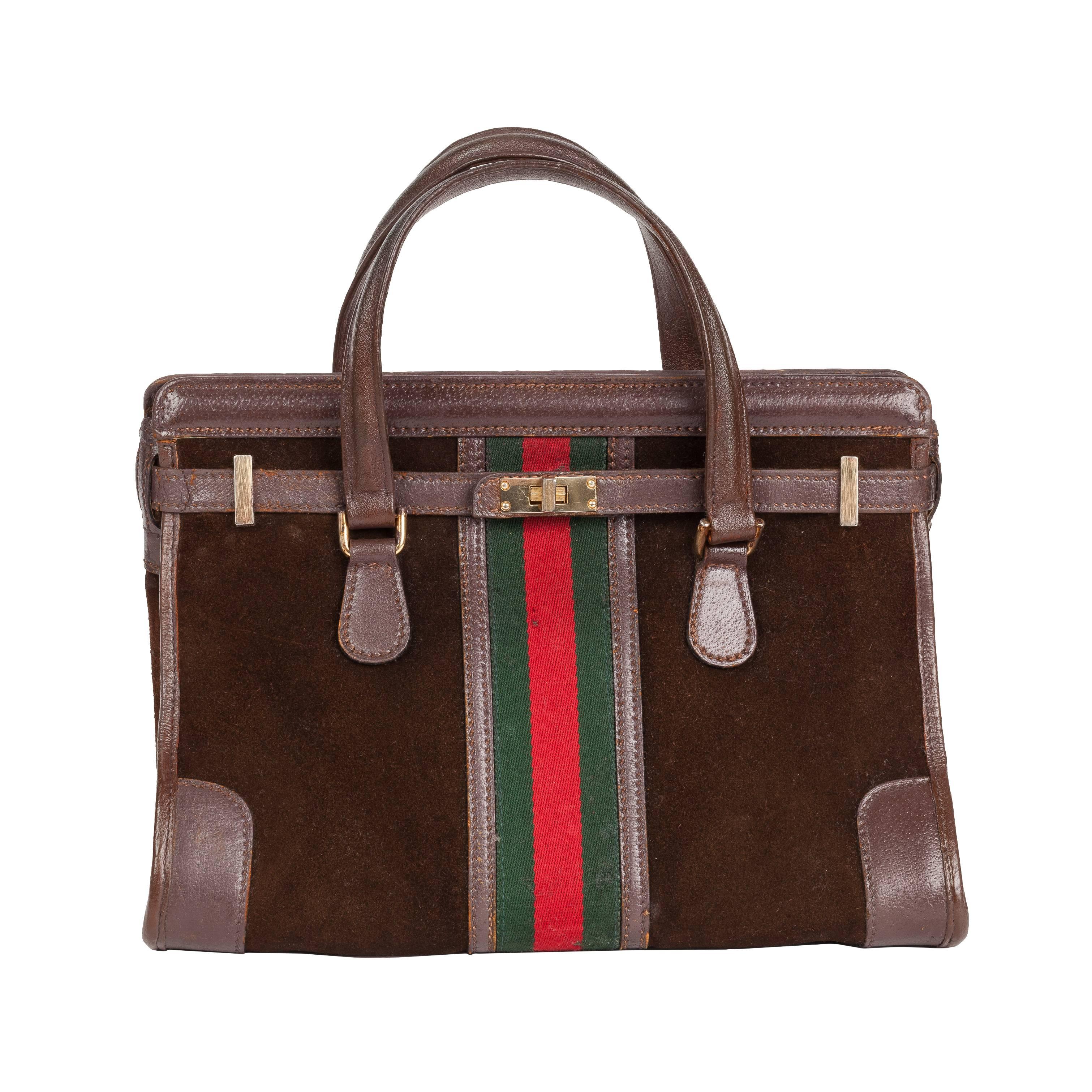 Rare 1970s Gucci Brown Suede Doctor's Bag Handbag Tote w/Gucci Racer Stripe