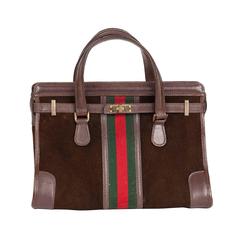 Vintage Rare 1970s Gucci Brown Suede Doctor's Bag Handbag Tote w/Gucci Racer Stripe