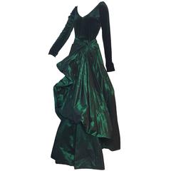 1990s Gianfranco Ferre Forest Green Silk Taffeta and Velvet Ball Gown