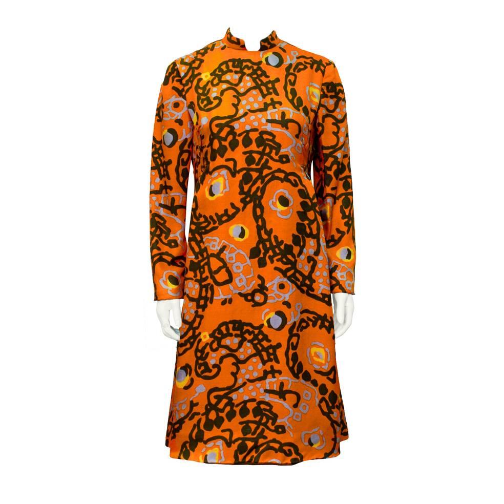 Early 1960's Geoffrey Beene Orange Silk Dress with Abstract Print