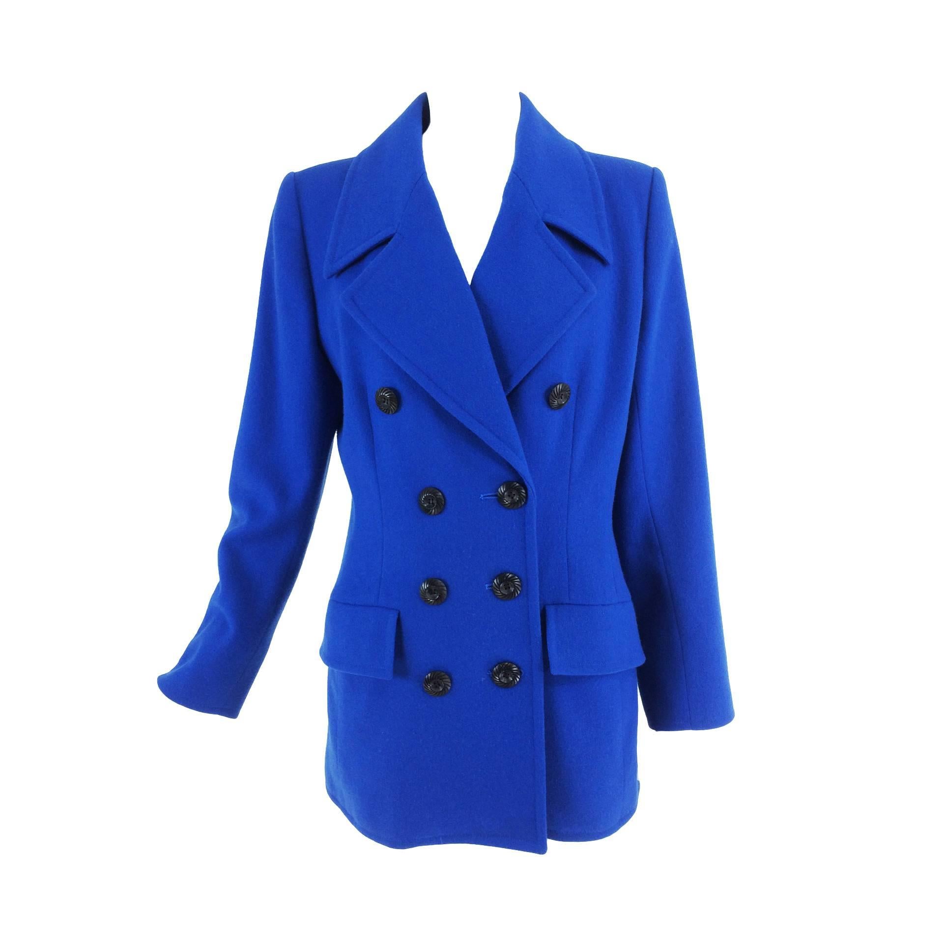 Yves St Laurent Rive Gauche bright blue wool pea coat 1990s