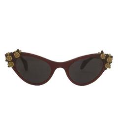 Schiaparelli 1950s Cherry Red Cat Eye Sunglasses With Floral Embellishment 2