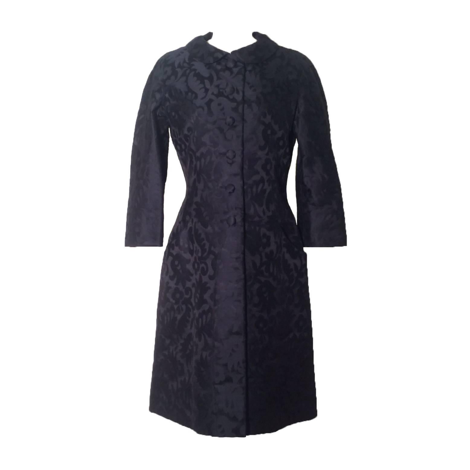 Hattie Carnegie 50s/60s Black Floral Silk Jacquard Coat Dress