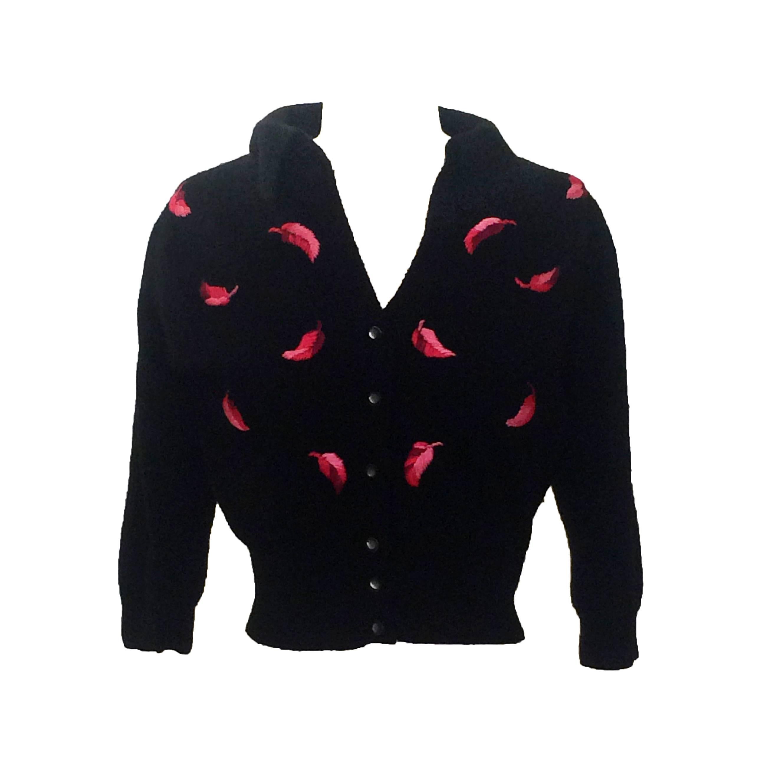 Schiaparelli 60s Black Collared Cardigan Sweater with Pink Feather Applique