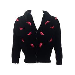 Retro Schiaparelli 60s Black Collared Cardigan Sweater with Pink Feather Applique